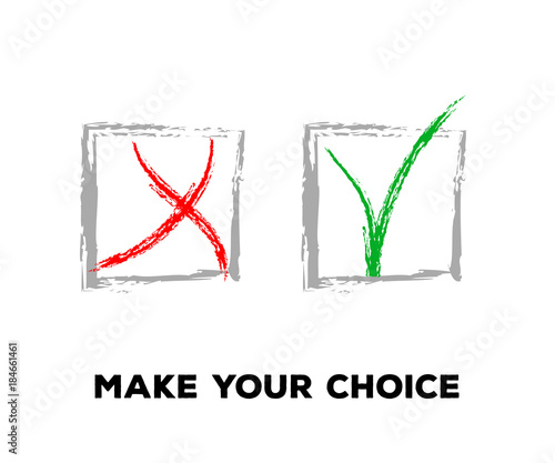 Yes and No Vector Set Square Frames, Isolated.  Hand Painted Election, Quizz, Voting, Test Symbols. Ink Brush Rejection and Approval, Query Choice Icons. Yes and No Tick and Cross Symbolic Marks.