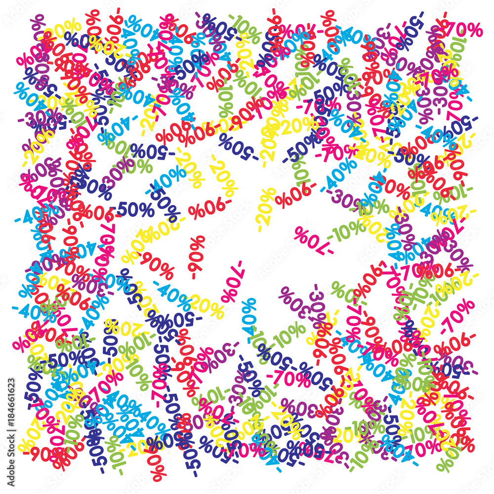 Obraz premium Sale Banner Confetti. Vector Falling Down -10, -20, -30, -40, -50, -70, 90 Banner or Sticker. Holidays Shopping Promotion Ads. Rebate Badge, Price Discount Hipster Sale Banner, Frame or Border