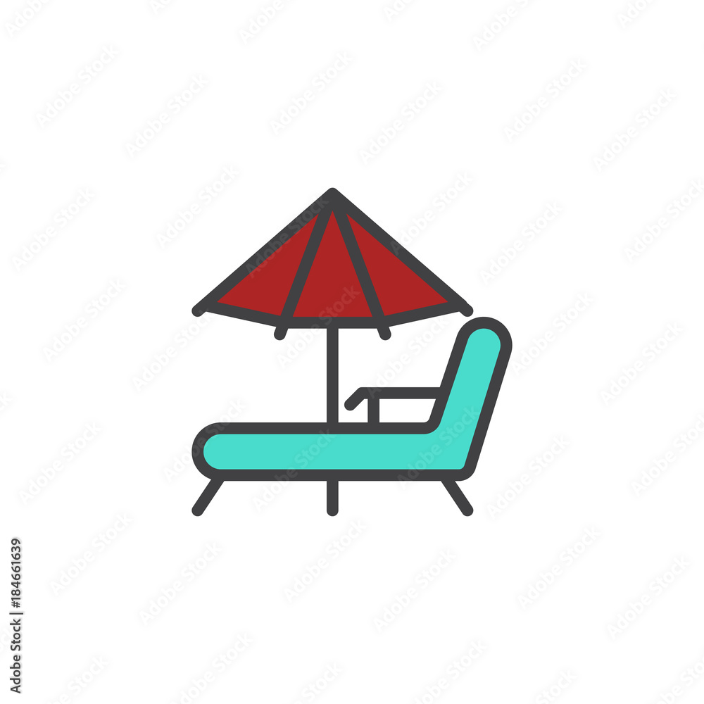 Beach chaise lounges and umbrella filled outline icon, line vector sign, linear colorful pictogram isolated on white. Beach parasol and deckchair Symbol, logo illustration