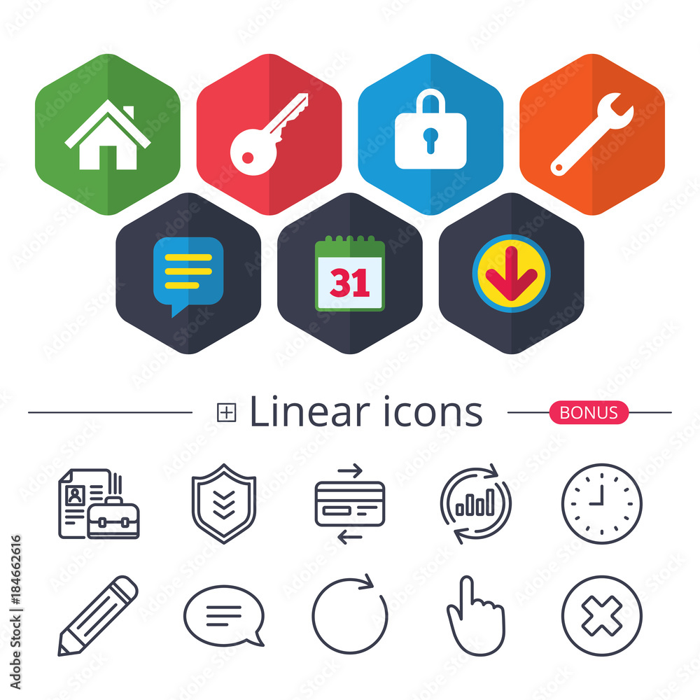 Home key icon. Wrench service tool symbol. Home key icon. Wrench service tool symbol.