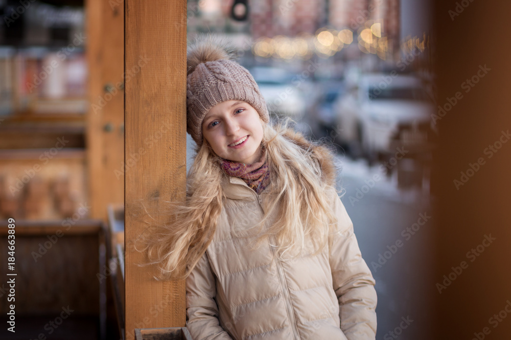 Happy child girl is in sunset winter. Happy child girl is in sunset winter.
