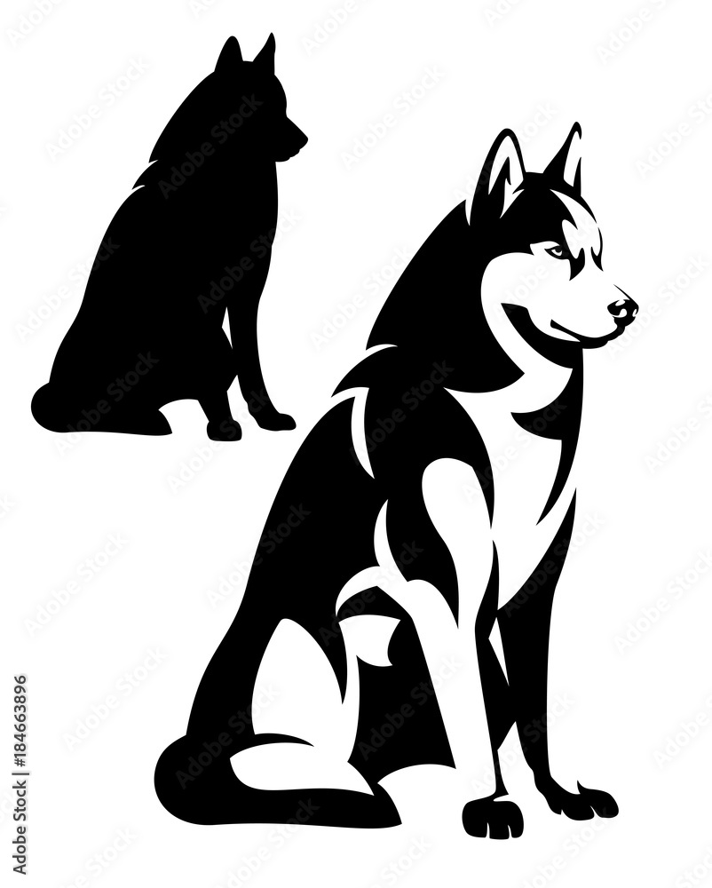 sitting husky dog simple black and white design - vector outline and silhouette sitting husky dog simple black and white design - vector outline and silhouette