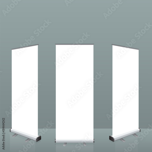 Roll up banner stand. Empty show display set template for presentation or exhibition your product. Illustrated vector.