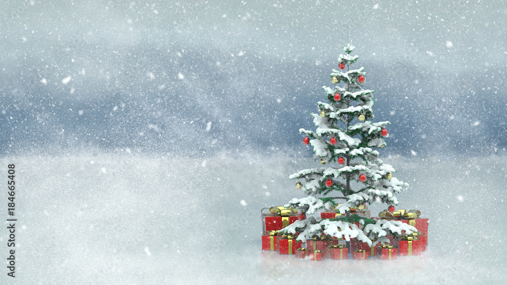 Obraz premium Beautiful decorated christmas tree with red present boxes in a snowy winter landscape