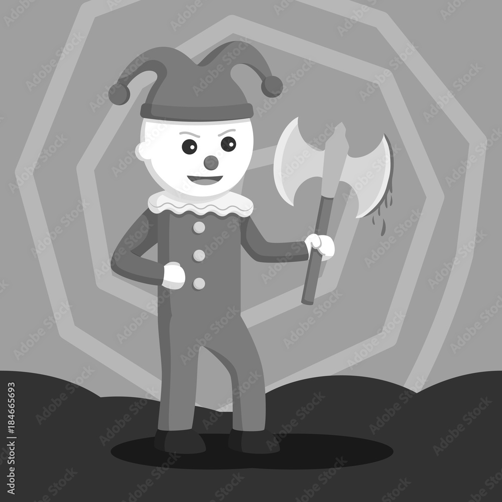 Evil clown holding bloody axe black and white style