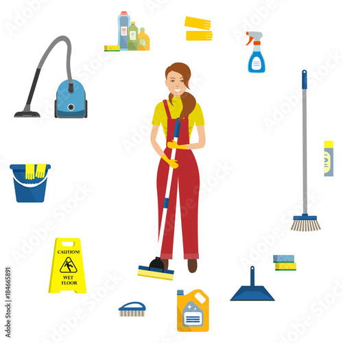 Cleaning lady surrounded by objects for cleaning. There is a vacuum cleaner, a mop, a brush, a scoop, a sign "Caution, wet floor", sponges, detergents, gloves and other things in the image. Vector