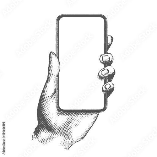 Hand drawn engraving style pen crosshatch hatching paper painting retro vintage vector lineart illustration of the modern smartphone. Hand holding a touch mobile phone