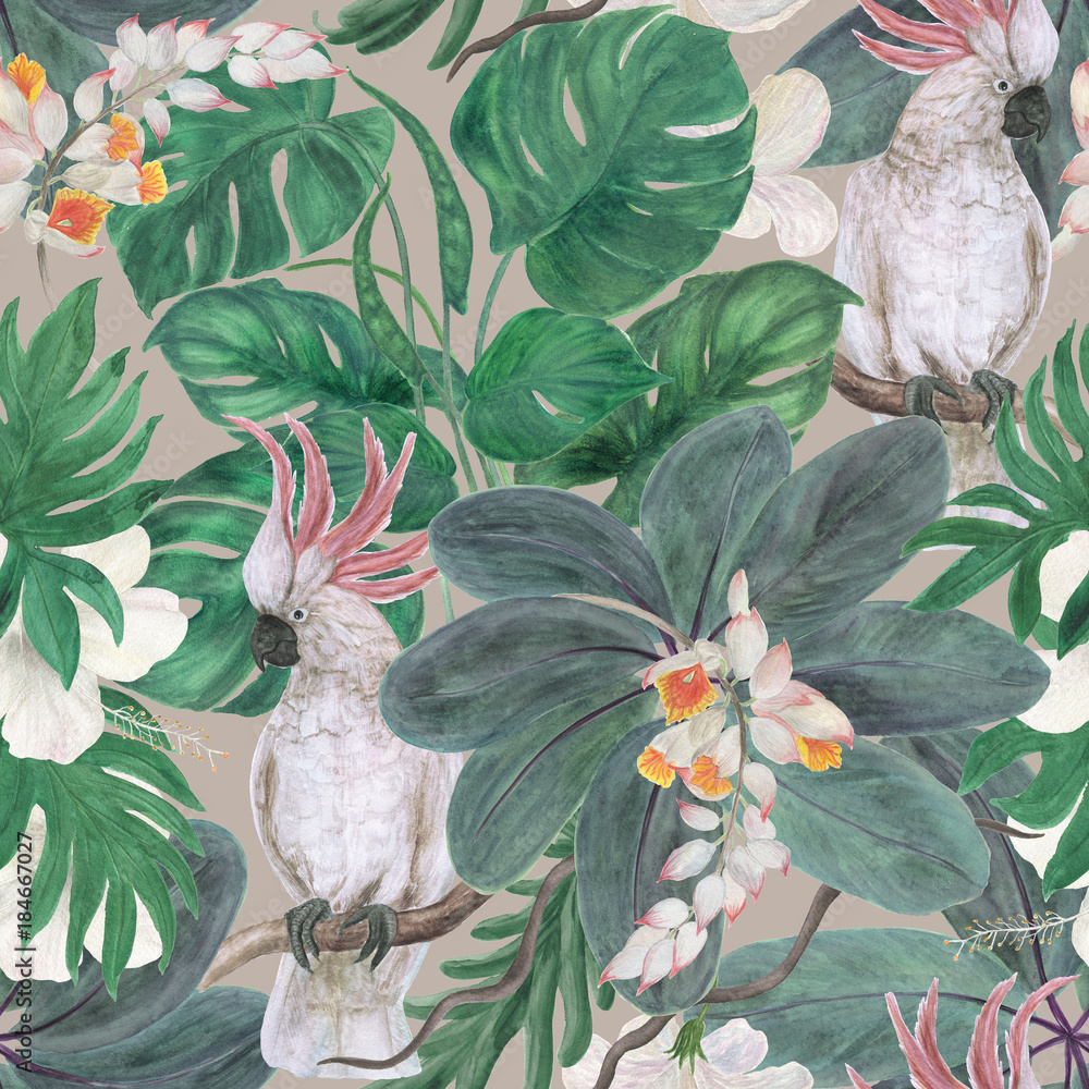 Fototapeta Watercolor painting seamless pattern with white cockatoo birds and ginger, hibiscus tropical flowers, leaves