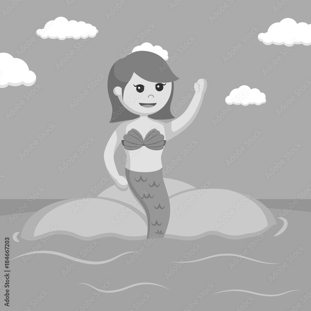 Female mermaid sit on a rock black and white style