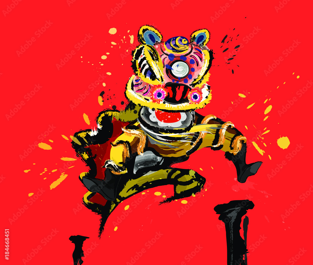 A jumping Chinese lion in various colors and presented in splashing ink drawing style. Red background. Vector.