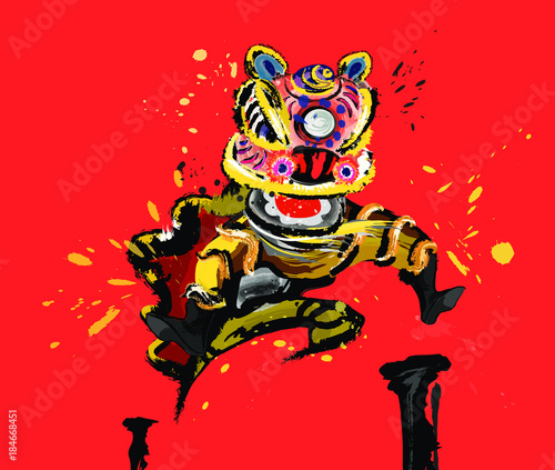 A jumping Chinese lion in various colors and presented in splashing ink drawing style. Red background. Vector. © AK Wu