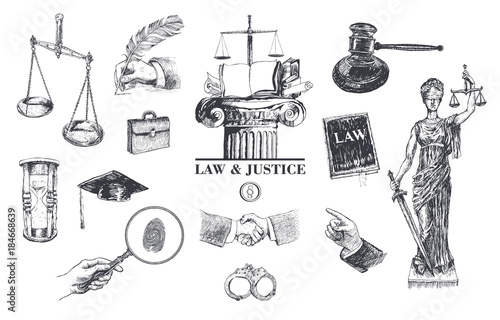 Law and justice set. Lawbook, handcuff, judge gavel, scales, paper, briefcase, themis, pointing hand, hand gestures, lawyer mortarboard hat, hourglass, magnifying glass. Vector handdrawn lineart