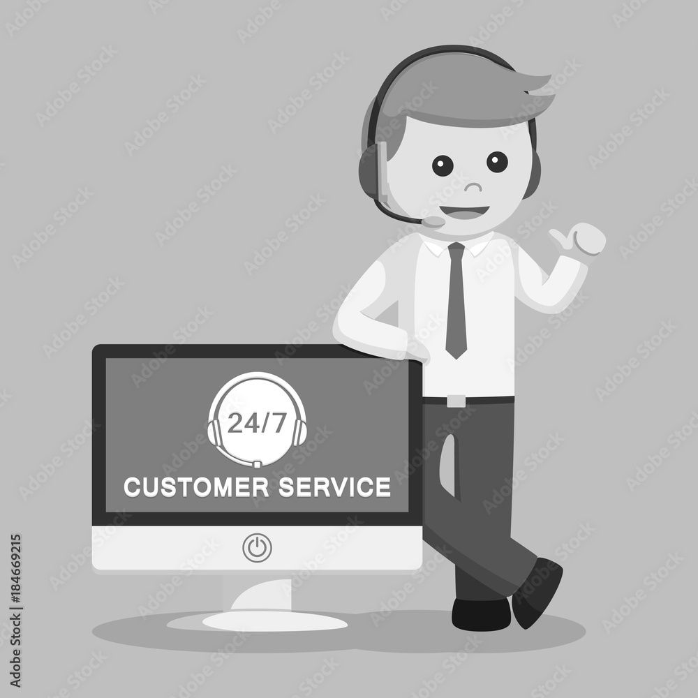 Call center man with customer service pc black and white style