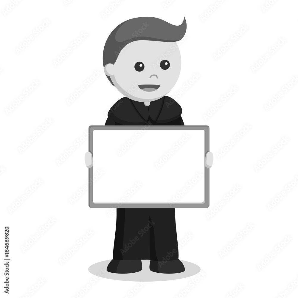 Priest holding whiteboard black and white style