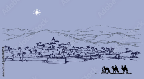 Magi go to Bethlehem. Vector drawing