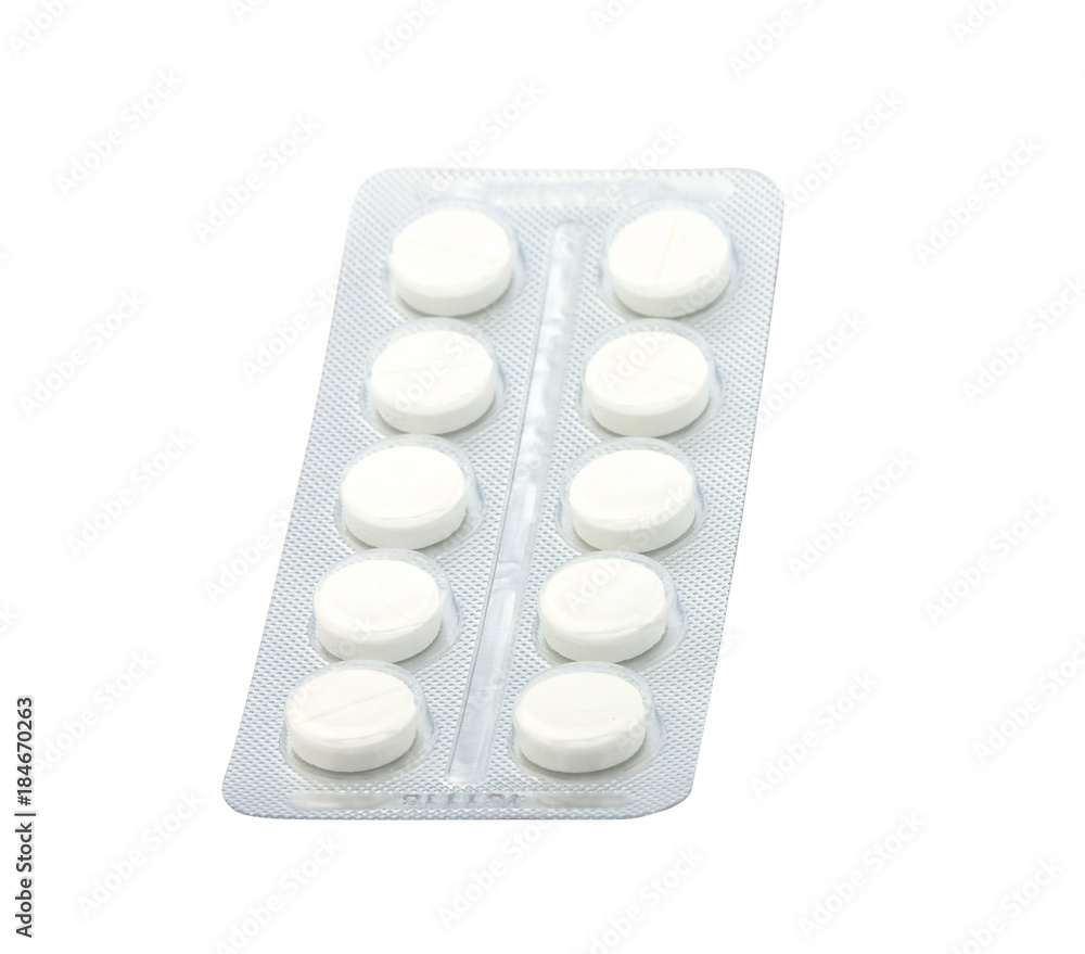 Packing of white tablets on a white background. Isolated Packing of white tablets on a white background. Isolated