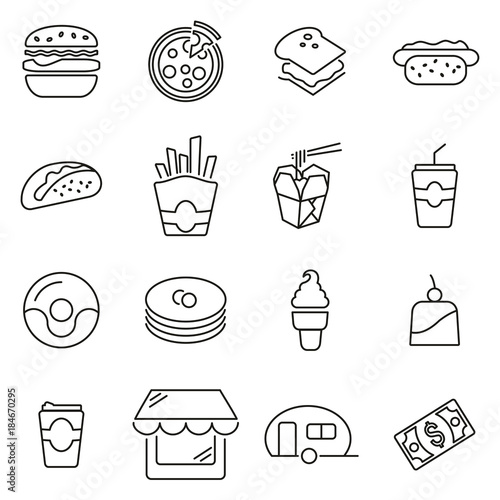Fast Food Restaurant or Fast Food Stand Icons Thin Line Vector Illustration Set