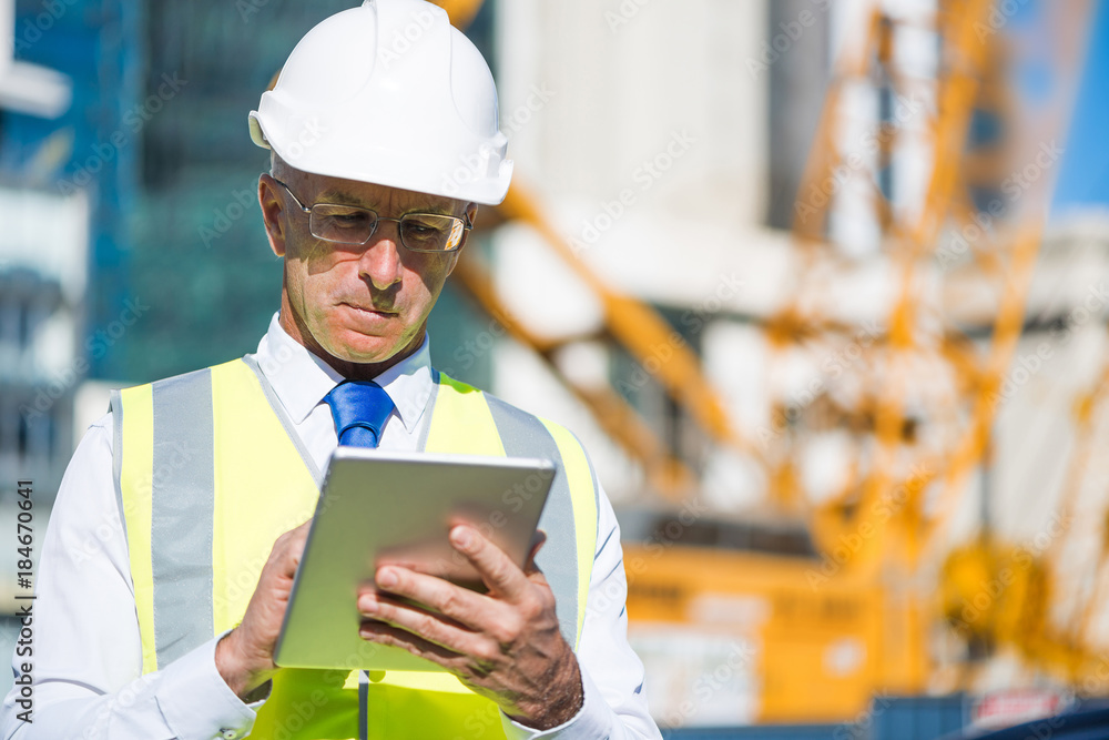 Construction manager controlling building site and tablet device in his hands Construction manager controlling building site and tablet device in his hands