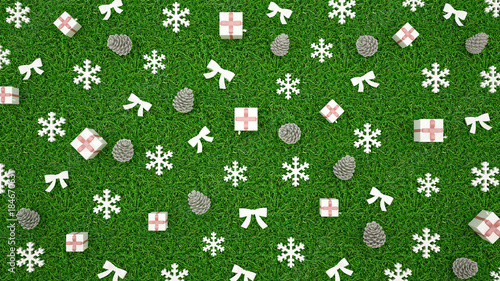Gift box with Snowflake, Pine cone and ribbon on grass background - artwork for merry christmas or happy new year - 3D illustration