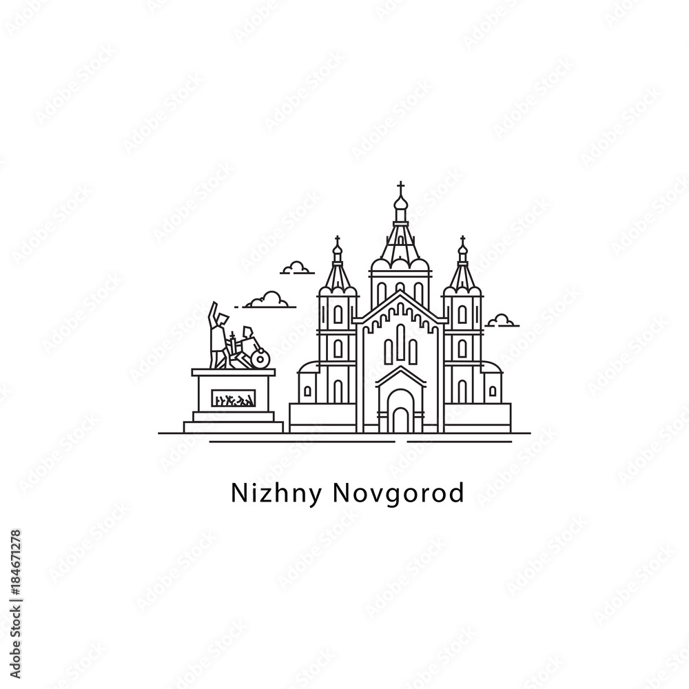 Nizhny Novgorod logo isolated on white background. Nizhny Novgorod s landmarks line vector illustration. Traveling to Russia cities concept.