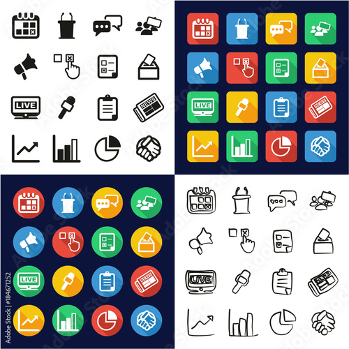 Election All in One Icons Black & White Color Flat Design Freehand Set