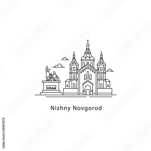 Nizhny Novgorod logo isolated on white background. Nizhny Novgorod s landmarks line vector illustration. Traveling to Russia cities concept.