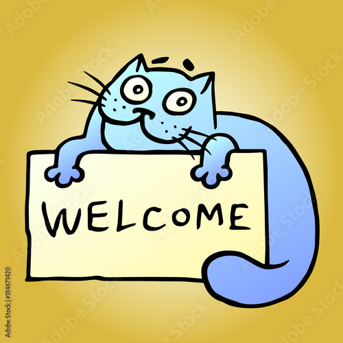 Cartoon blue hospitable cat with an invitation card. Vector Illustration.