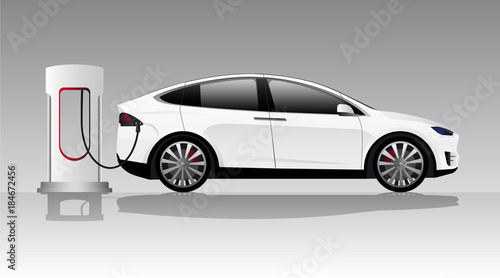 Modern electric car charging at the charger station. Vector illustration EPS 10
