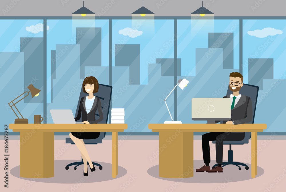 Caucasian Business people in Cartoon Modern office Caucasian Business people in Cartoon Modern office