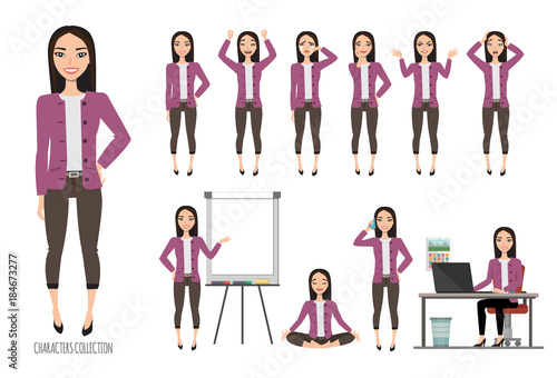 Asian Woman in office suit. Set of emotions and gestures to the young asian woman.
