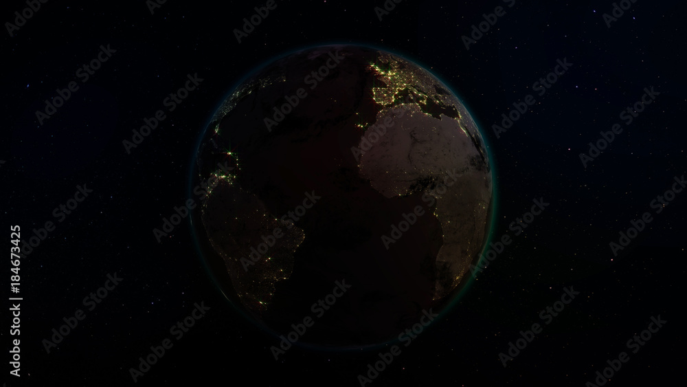 Fototapeta premium 3D rendering Earth from space against the background of the starry sky. Shadow and illuminated side of the planet with cities