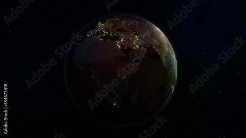 3D rendering Earth from space against the background of the starry sky. Shadow and illuminated side of the planet with cities