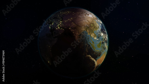 Fototapeta Naklejka Na Ścianę i Meble -  3D rendering Earth from space against the background of the starry sky. Shadow and illuminated side of the planet with cities
