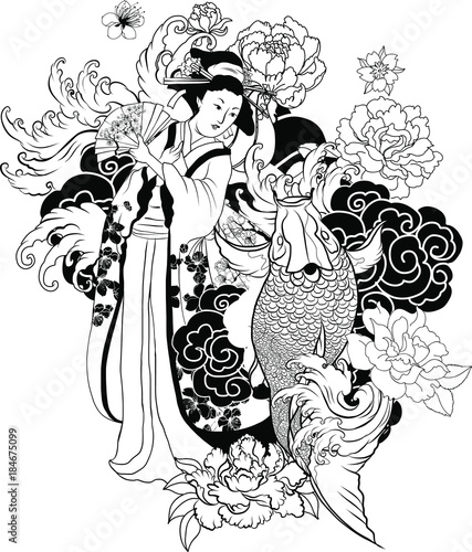 Traditional Japanese wave poster.Japanese women in kimono with her cat and Koi carp.Hand drawn geisha girl and kitten on wave background.Koi fish with peony flower and Fuji mountain background.