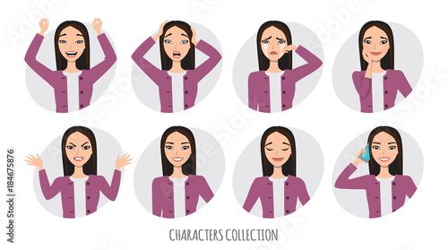Asian Woman in office suit. Set of emotions and gestures to the young asian woman.