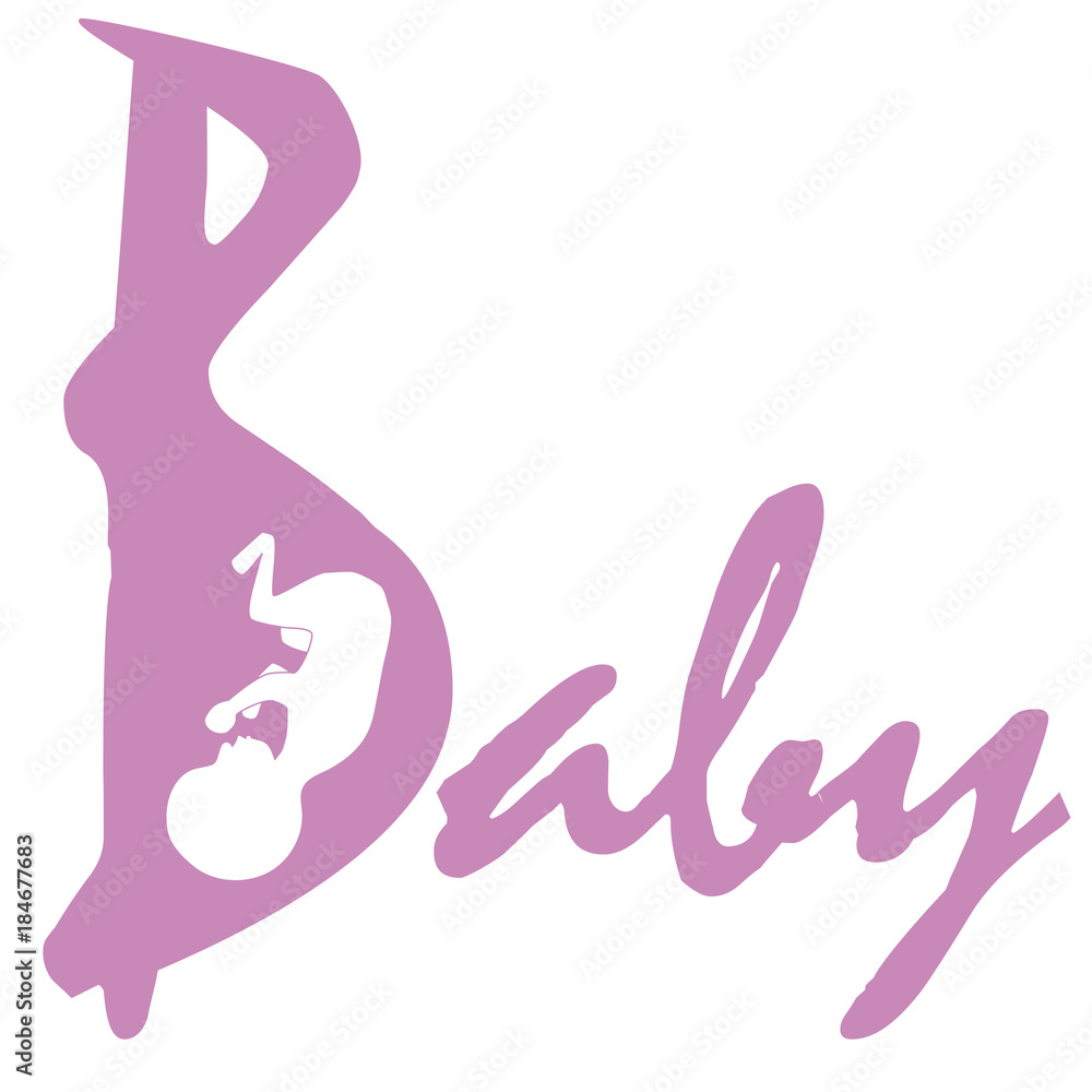 Child. Pink inscription on white background. Child image inside the capital letter. Child. Pink inscription on white background. Child image inside the capital letter.
