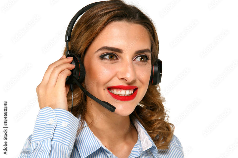 Close-up portrait of beautiful young woman working as a call-center agent, smiling, happy with colorful makeup, isolated over white background Close-up portrait of beautiful young woman working as a call-center agent, smiling, happy with colorful makeup, isolated over white background