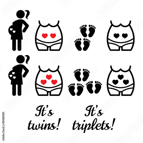 Twins, triplets baby shower vector icons, multiple pregnancy design, pregnant woman with babies in her belly 