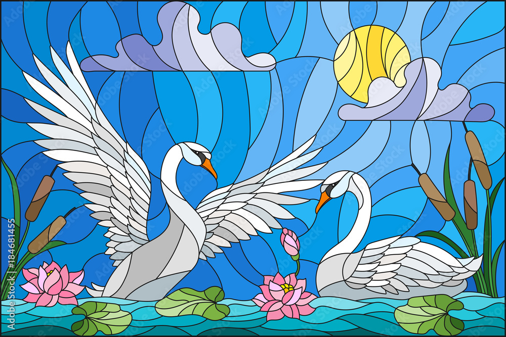 Naklejka premium Illustration in stained glass style with pair of Swans , Lotus flowers and reeds on a pond in the sun, sky and clouds