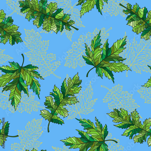 Seamless pattern with contour lacy green leaves of different trees on a blue background