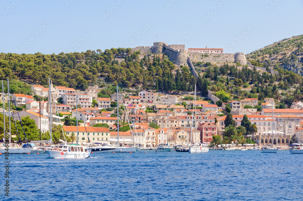 Medieval Spanish fortress Fortica photographed from the port - Hvar, Croatia