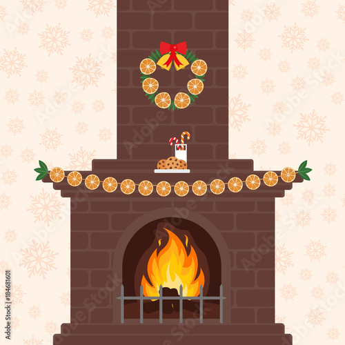 Christmas fireplace in colorful cartoon flat style. Orange garland. Merry Christmas and happy New year.