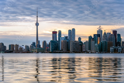 Winter Sunset over Downtown Toronto and Reflection in Calm Waters
