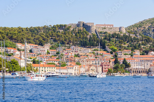 Medieval Spanish fortress Fortica photographed from the port - Hvar, Croatia