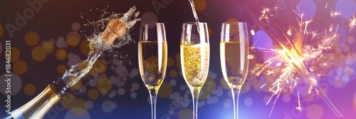 Composite image of two full glasses of champagne and one being