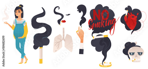 Dangers of smoking, health risk, hand, female face and pregnant woman with cigarette, skull and ashtray, flat vector illustration set isolated on white background. Dangers, risk, harm of smoking set