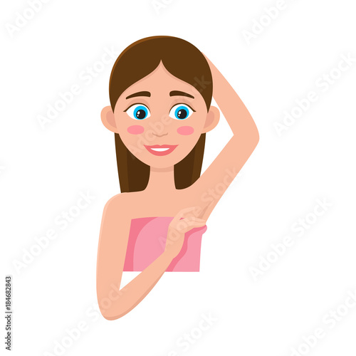 Pretty woman wrapped in towel is going to shave her armpits, depilation hair removal procedure, flat vector illustration isolated on white background. Woman shaving, epilating her armpits, underarms