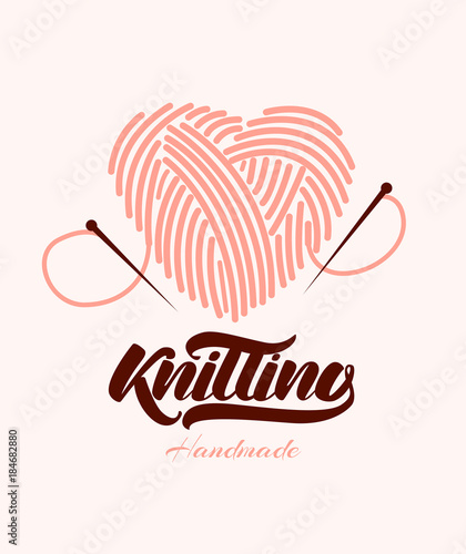 Knitting logo with lettering. Knit heart icon. Handmade. Lettering vector illustration.