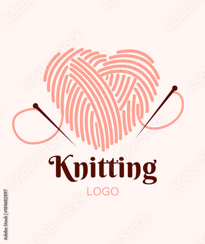 Knitting logo. Ball of yarn in heart with needles. Vector illustration