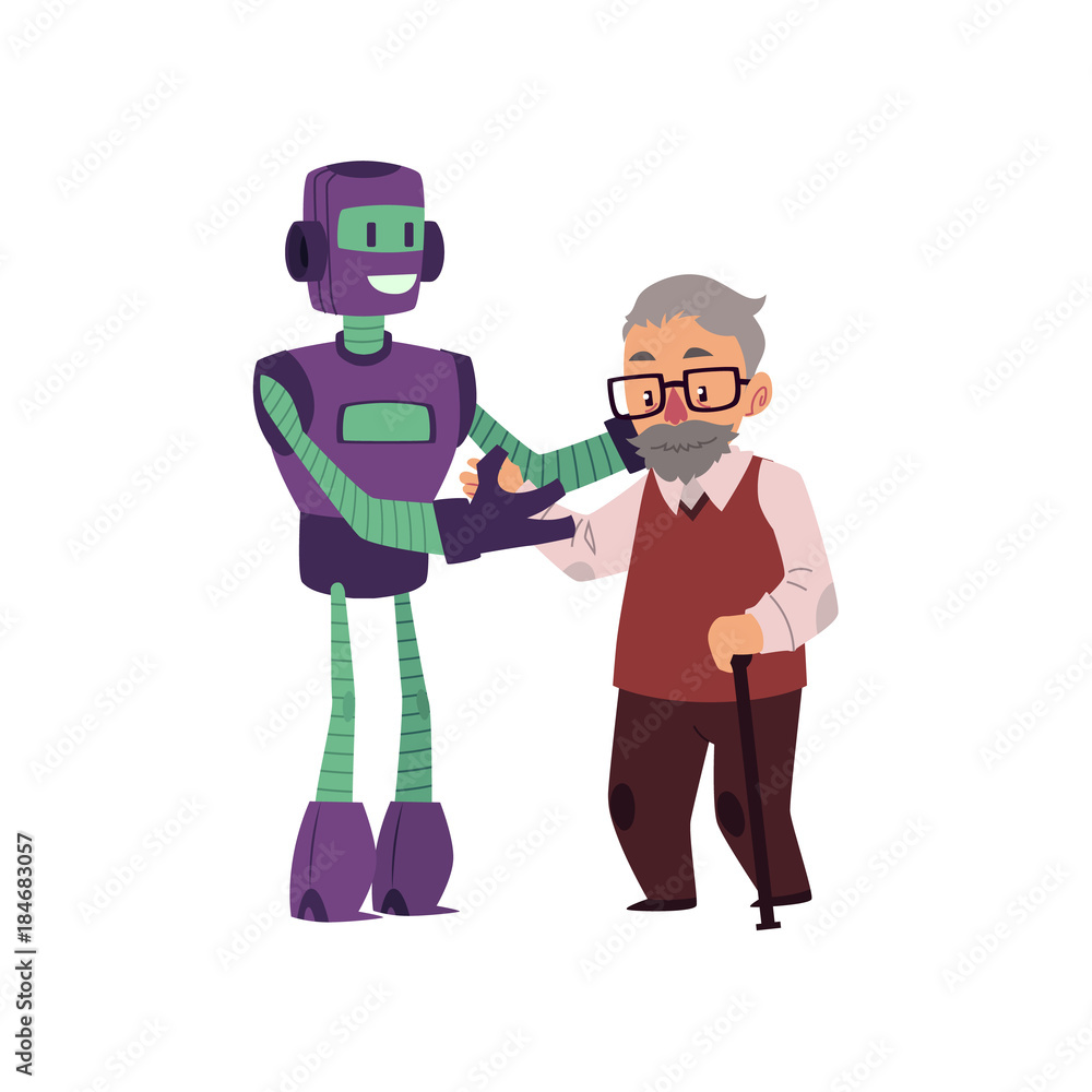 Artificial intelligence, robot helping old man with cane to walk, cartoon vector illustration isolated on white background. Robot helping, supporting, caring of old man having problems with walking